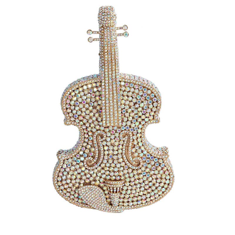 3D Sparkling Violin Shape Crystal Rhinestone Clutch - Gold White - Luxury bags by WAAMII