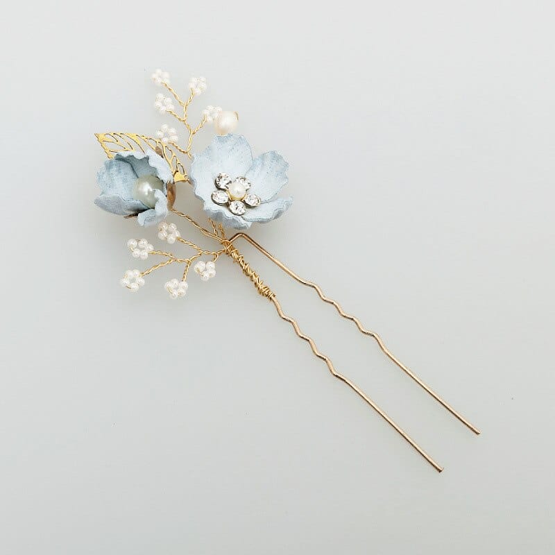 4pcs Gold Leaves Blue Floral Hair Combs Hair Pins Bridal Wedding Hair Accessories Accessories WAAMII   