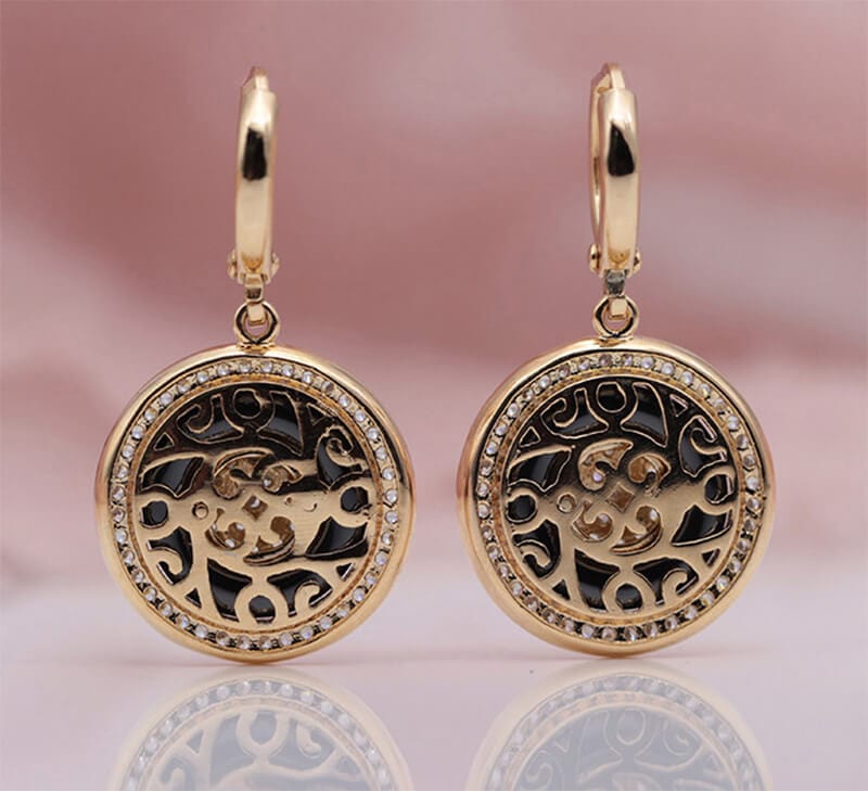 585 Rose Gold Double Sided Mosaic Pattern Black Ceramic Hook Earrings - - Luxury Jewelry by WAAMII