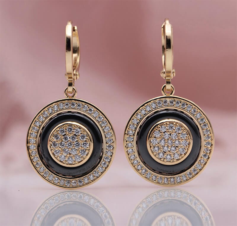 585 Rose Gold Double Sided Mosaic Pattern Black Ceramic Hook Earrings - - Luxury Jewelry by WAAMII