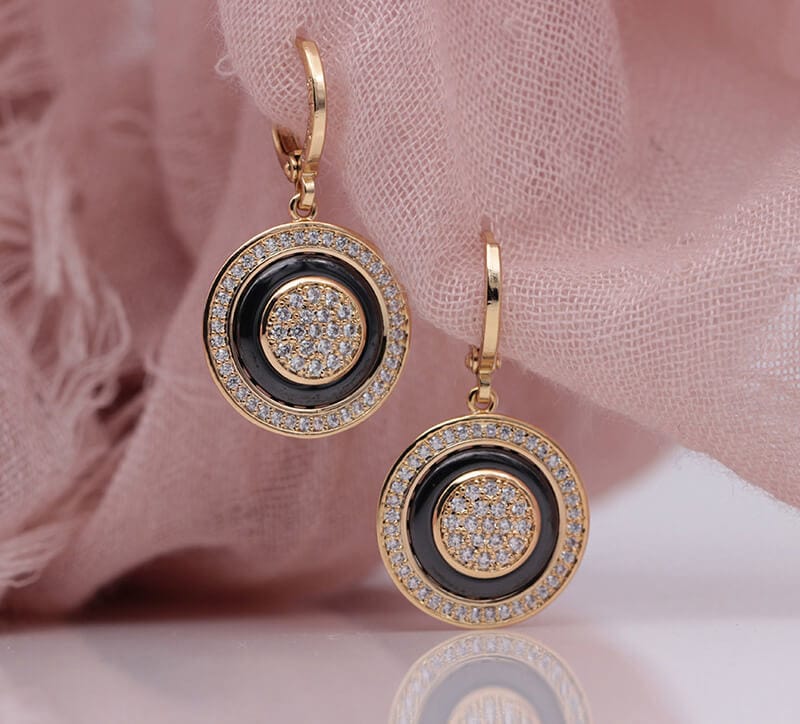 585 Rose Gold Double Sided Mosaic Pattern Black Ceramic Hook Earrings - - Luxury Jewelry by WAAMII
