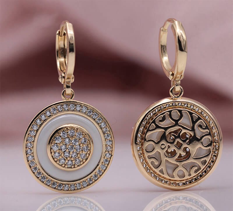 585 Rose Gold Double Sided Mosaic Pattern Black Ceramic Hook Earrings - - Luxury Jewelry by WAAMII