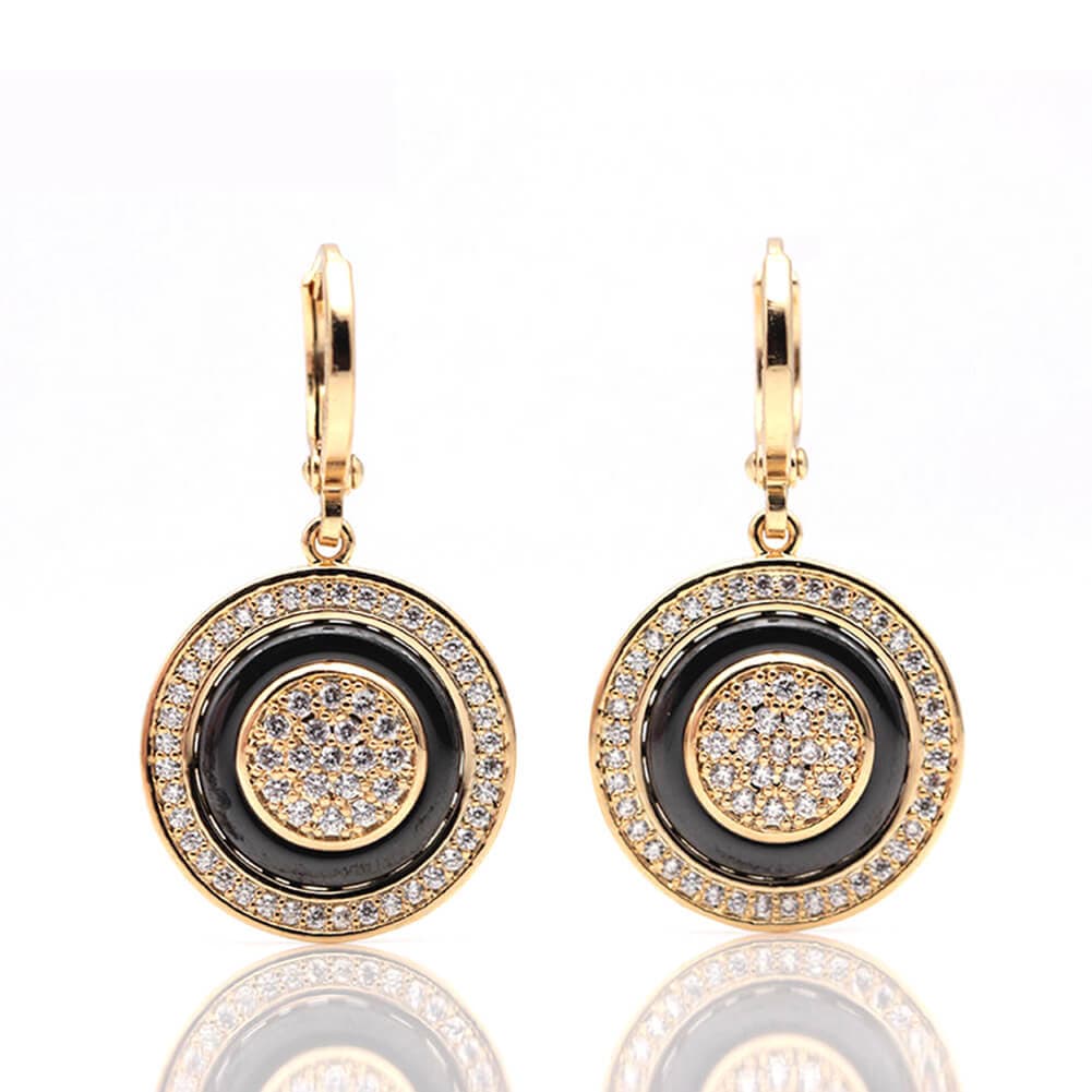585 Rose Gold Double Sided Mosaic Pattern Black Ceramic Hook Earrings - - Luxury Jewelry by WAAMII