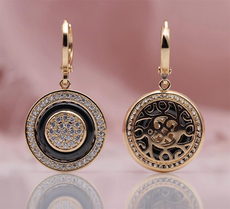 585 Rose Gold Double Sided Mosaic Pattern Black Ceramic Hook Earrings - - Luxury Jewelry by WAAMII