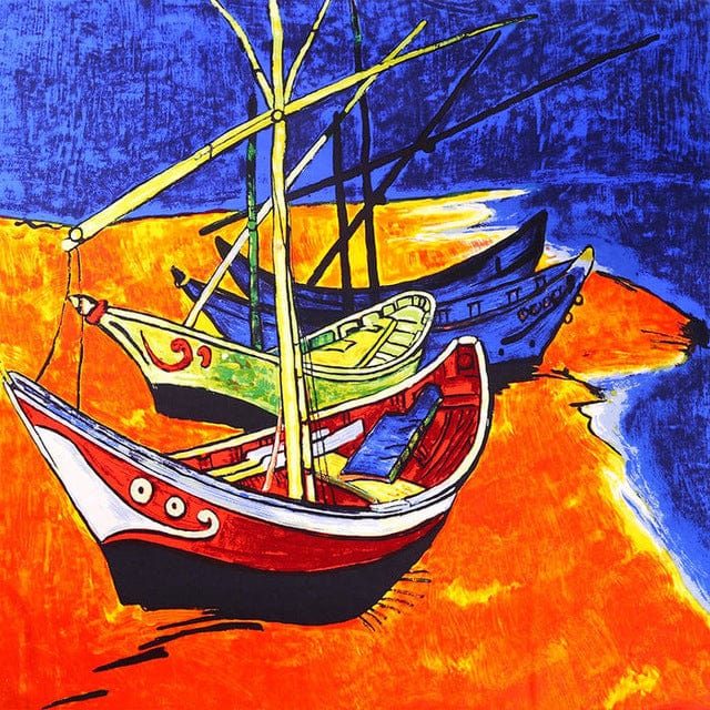 90*90CM 100% Real Silk Square Scarf Van Gogh Classic Oil Paiting Scarf Starry Night and More - fishing boat - Luxury Accessories by WAAMII