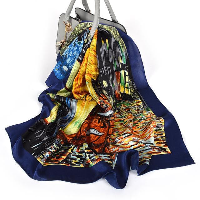 90*90CM 100% Real Silk Square Scarf Van Gogh Classic Oil Paiting Scarf Starry Night and More - blue cafe - Luxury Accessories by WAAMII