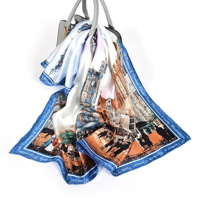 90*90CM 100% Real Silk Square Scarf Van Gogh Classic Oil Paiting Scarf Starry Night and More - blue white city - Luxury Accessories by WAAMII