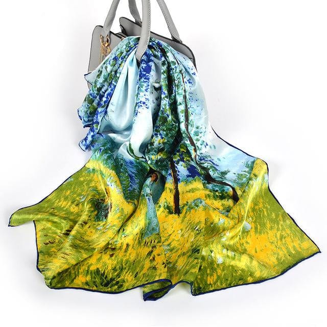 90*90CM 100% Real Silk Square Scarf Van Gogh Classic Oil Paiting Scarf Starry Night and More - field Girl - Luxury Accessories by WAAMII