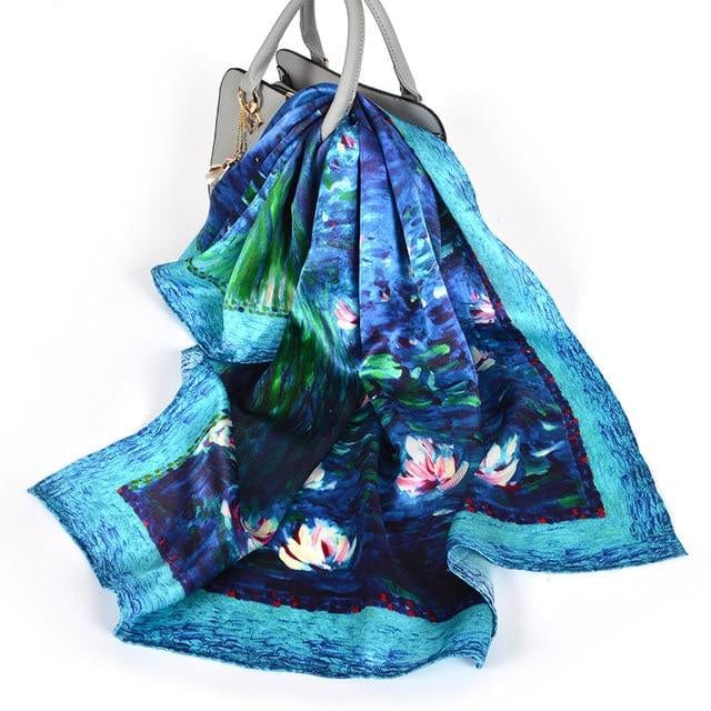 90*90CM 100% Real Silk Square Scarf Van Gogh Classic Oil Paiting Scarf Starry Night and More - blue lotus - Luxury Accessories by WAAMII