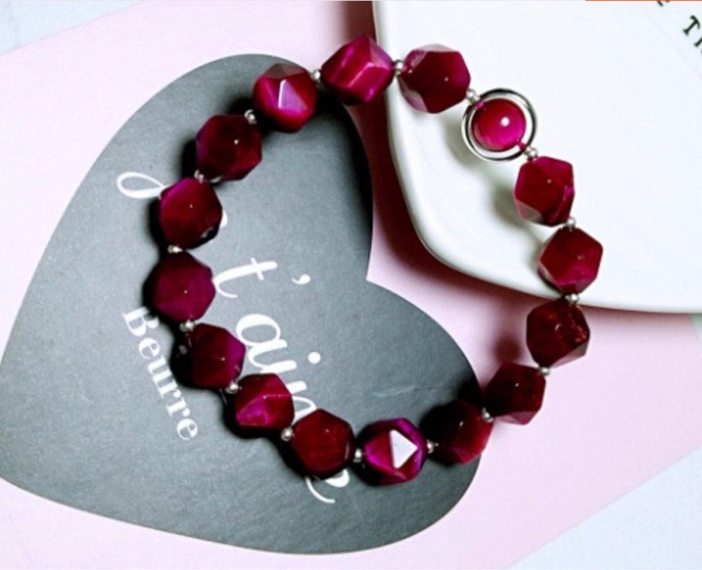 925 Sterling Silver Faceted Tiger's Eye Beads Bracelet-Rose Red - - Luxury Jewelry by WAAMII