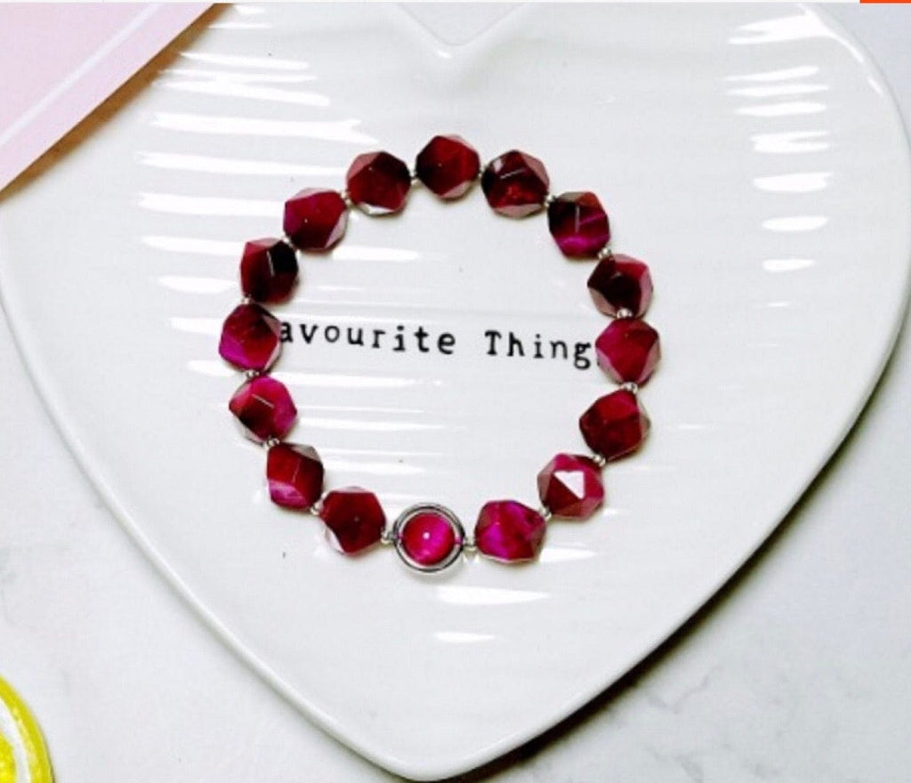 925 Sterling Silver Faceted Tiger's Eye Beads Bracelet-Rose Red - - Luxury Jewelry by WAAMII