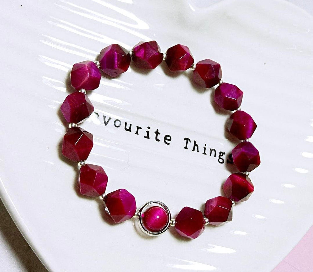 925 Sterling Silver Faceted Tiger's Eye Beads Bracelet-Rose Red - - Luxury Jewelry by WAAMII