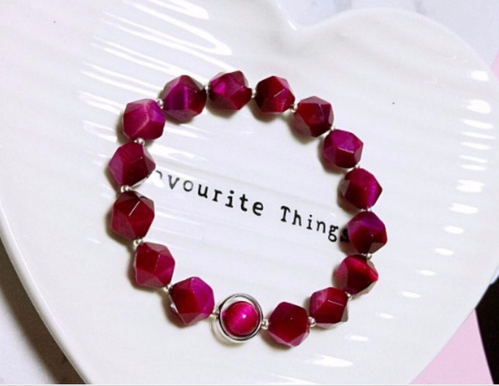 925 Sterling Silver Faceted Tiger's Eye Beads Bracelet-Rose Red - - Luxury Jewelry by WAAMII