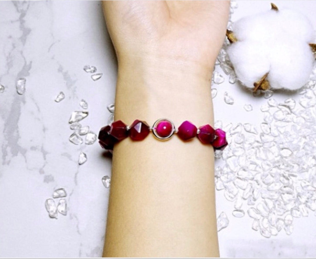 925 Sterling Silver Faceted Tiger's Eye Beads Bracelet-Rose Red - - Luxury Jewelry by WAAMII