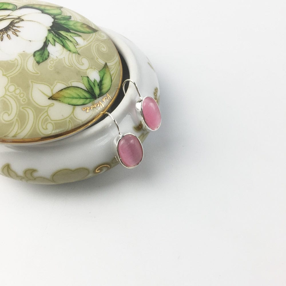 925 Sterling Silver Pink Opal Oval Drop Earrings - - Luxury Jewelry by WAAMII