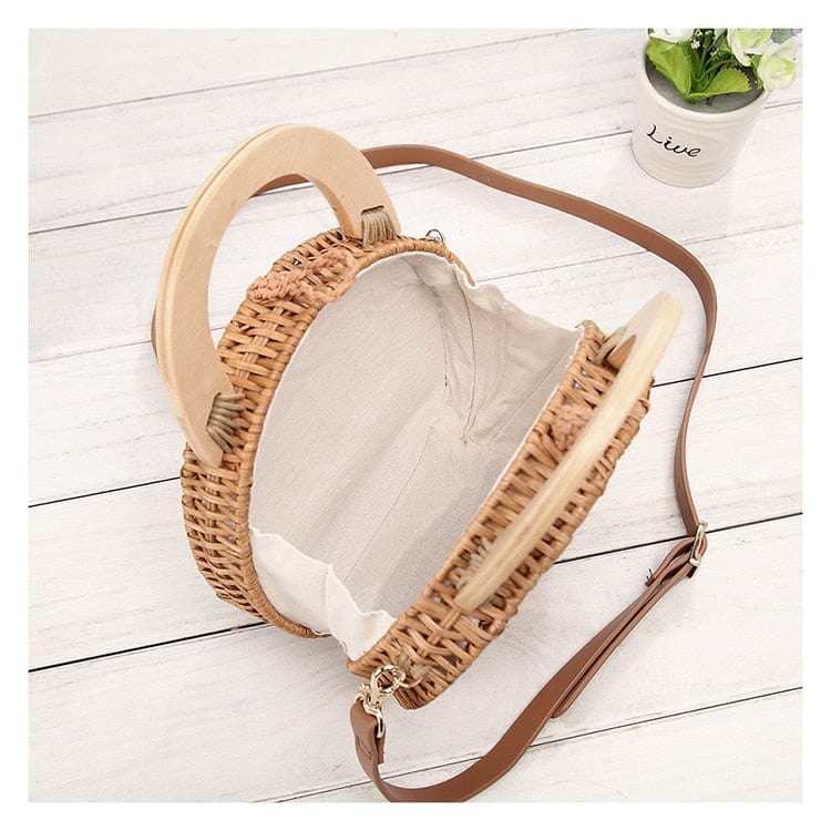 Anita Hand Woven Circular Top-Handle Straw Beach Bag Crossbody - - Luxury bags by WAAMII