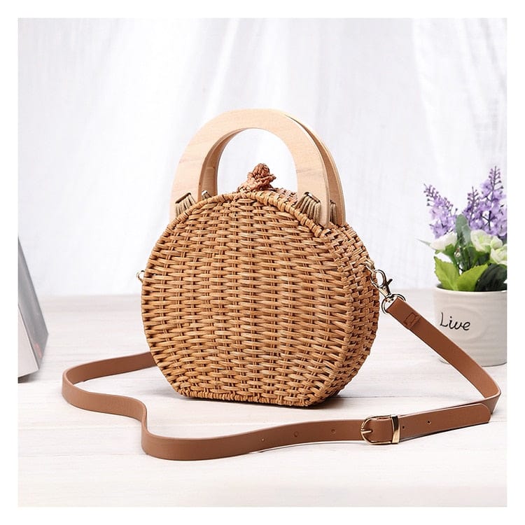 Anita Hand Woven Circular Top-Handle Straw Beach Bag Crossbody - - Luxury bags by WAAMII