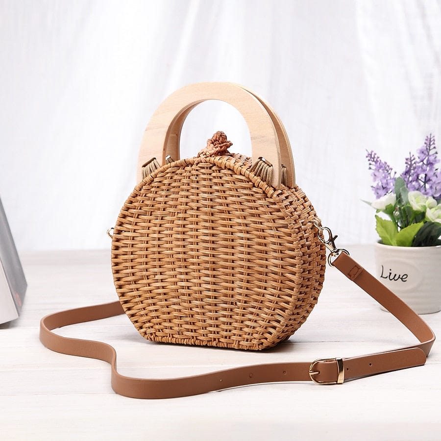 Anita Hand Woven Circular Top-Handle Straw Beach Bag Crossbody - - Luxury bags by WAAMII