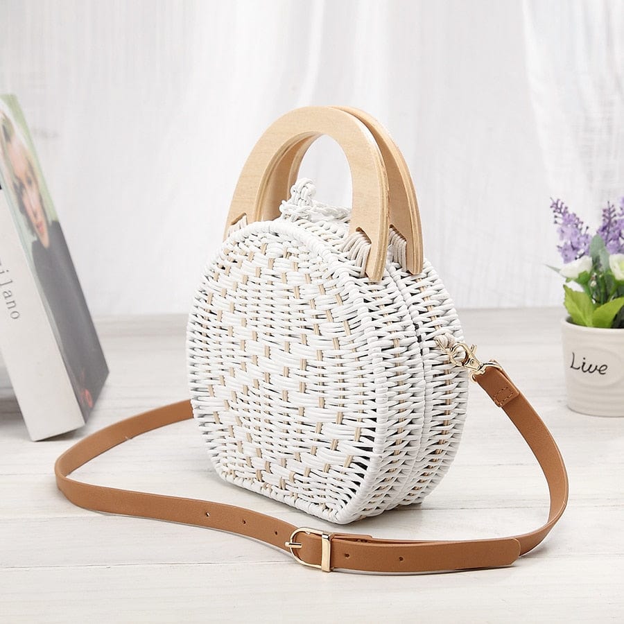 Anita Hand Woven Circular Top-Handle Straw Beach Bag Crossbody - - Luxury bags by WAAMII