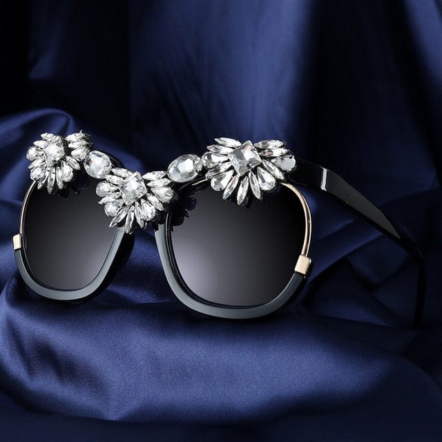 Big frame Square Women Rhinestone Sunglasses - black - Luxury Accessories by WAAMII