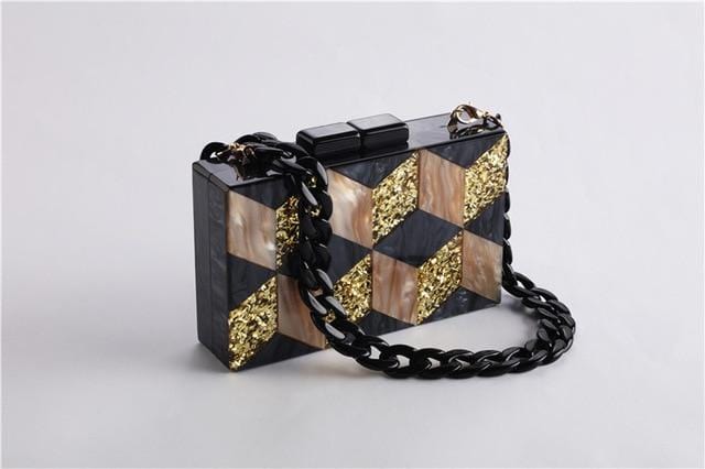 Black-gold Tone Pearlescent Glitter Striped Acrylic Clutch Evening Bag - Chain A - Luxury bags by WAAMII