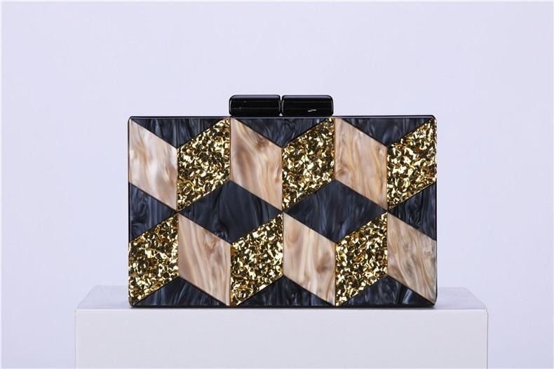 Black-gold Tone Pearlescent Glitter Striped Acrylic Clutch Evening Bag bags WAAMII   