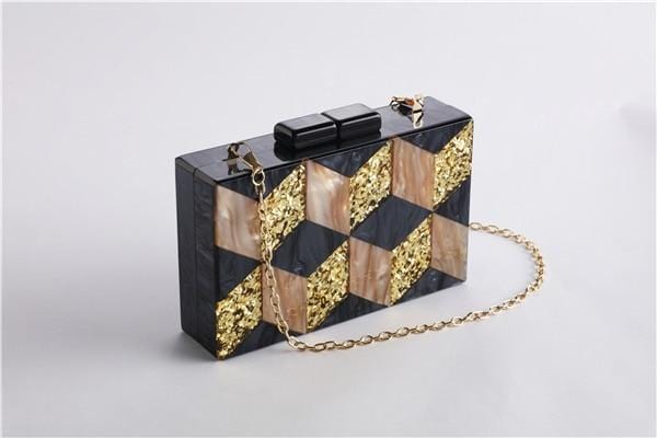 Black-gold Tone Pearlescent Glitter Striped Acrylic Clutch Evening Bag - Chain B - Luxury bags by WAAMII