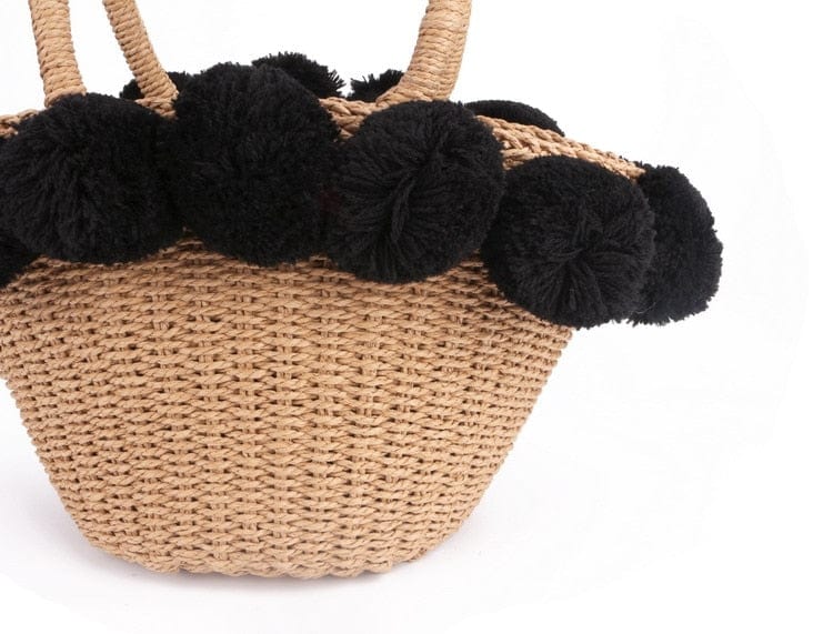 Black White Hairball Straw Bag Women Basket Summer Beach Bag - - Luxury bags by WAAMII