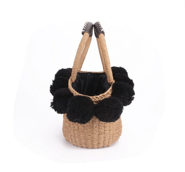 Black White Hairball Straw Bag Women Basket Summer Beach Bag - - Luxury bags by WAAMII