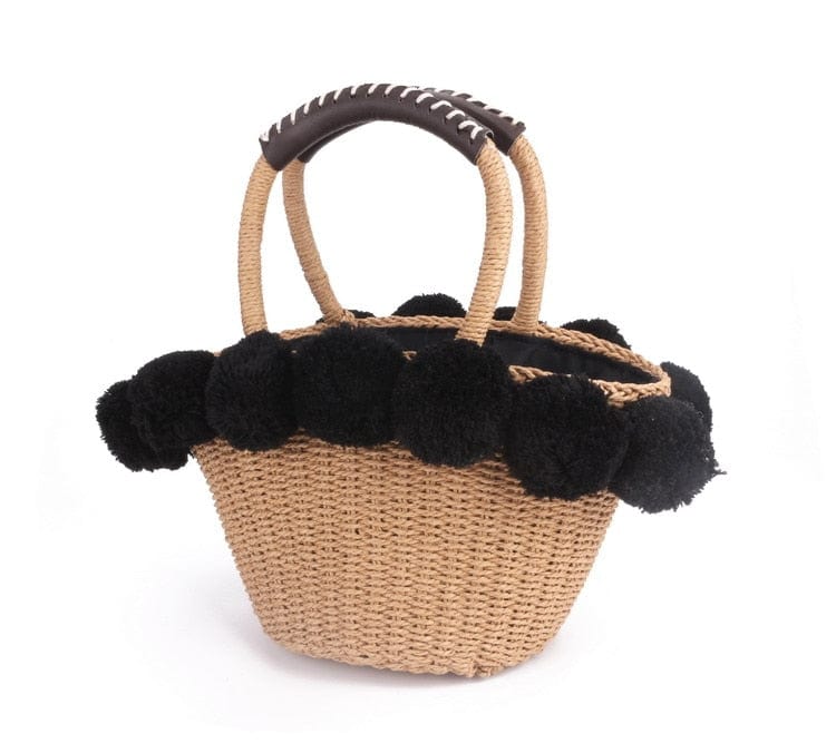 Black White Hairball Straw Bag Women Basket Summer Beach Bag - - Luxury bags by WAAMII
