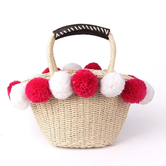 Black White Hairball Straw Bag Women Basket Summer Beach Bag - beige - Luxury bags by WAAMII