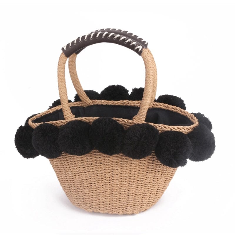 Black White Hairball Straw Bag Women Basket Summer Beach Bag - - Luxury bags by WAAMII
