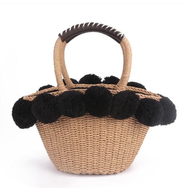 Black White Hairball Straw Bag Women Basket Summer Beach Bag - black - Luxury bags by WAAMII