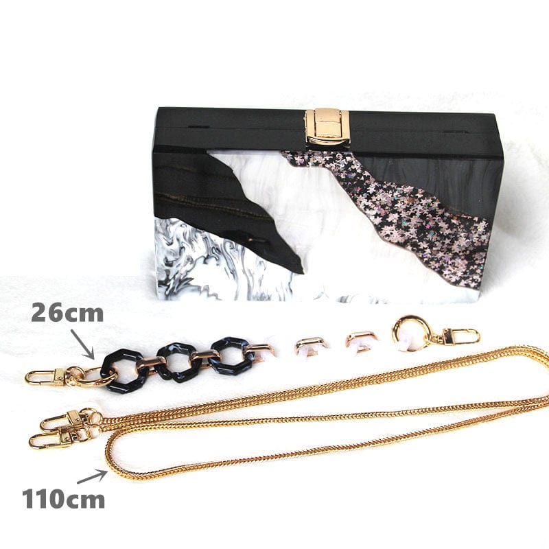 Black White Tone Pearlescent Glitter Marble Effect Acrylic Clutch bags WAAMII 2 Chains  