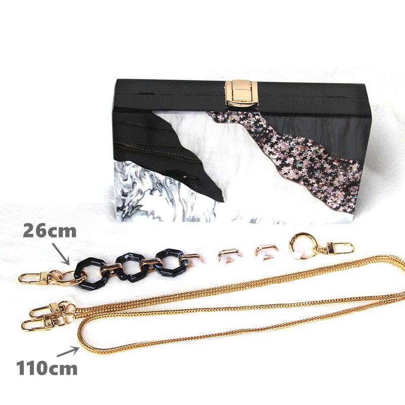 Black White Tone Pearlescent Glitter Marble Effect Acrylic Clutch - 2 Chains - Luxury bags by WAAMII