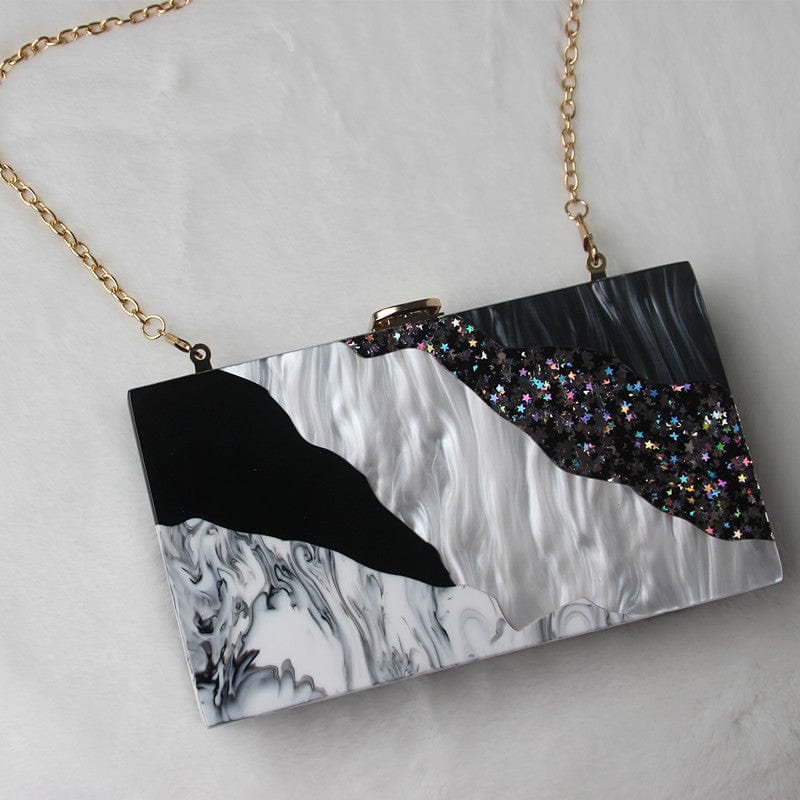Black White Tone Pearlescent Glitter Marble Effect Acrylic Clutch - - Luxury bags by WAAMII