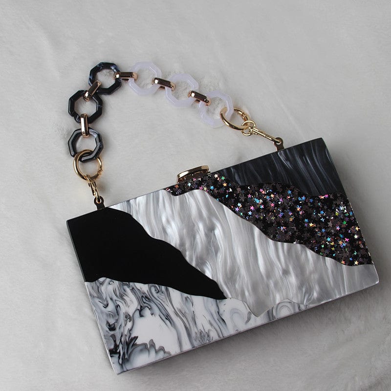 Black White Tone Pearlescent Glitter Marble Effect Acrylic Clutch - - Luxury bags by WAAMII