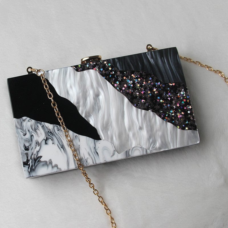 Black White Tone Pearlescent Glitter Marble Effect Acrylic Clutch - - Luxury bags by WAAMII