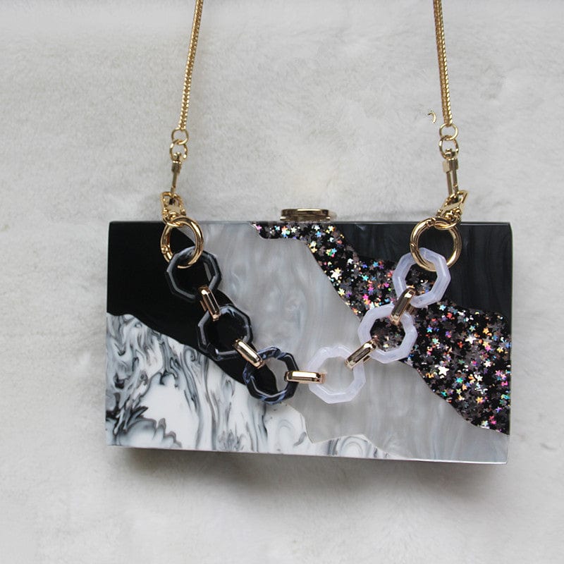 Black White Tone Pearlescent Glitter Marble Effect Acrylic Clutch - - Luxury bags by WAAMII