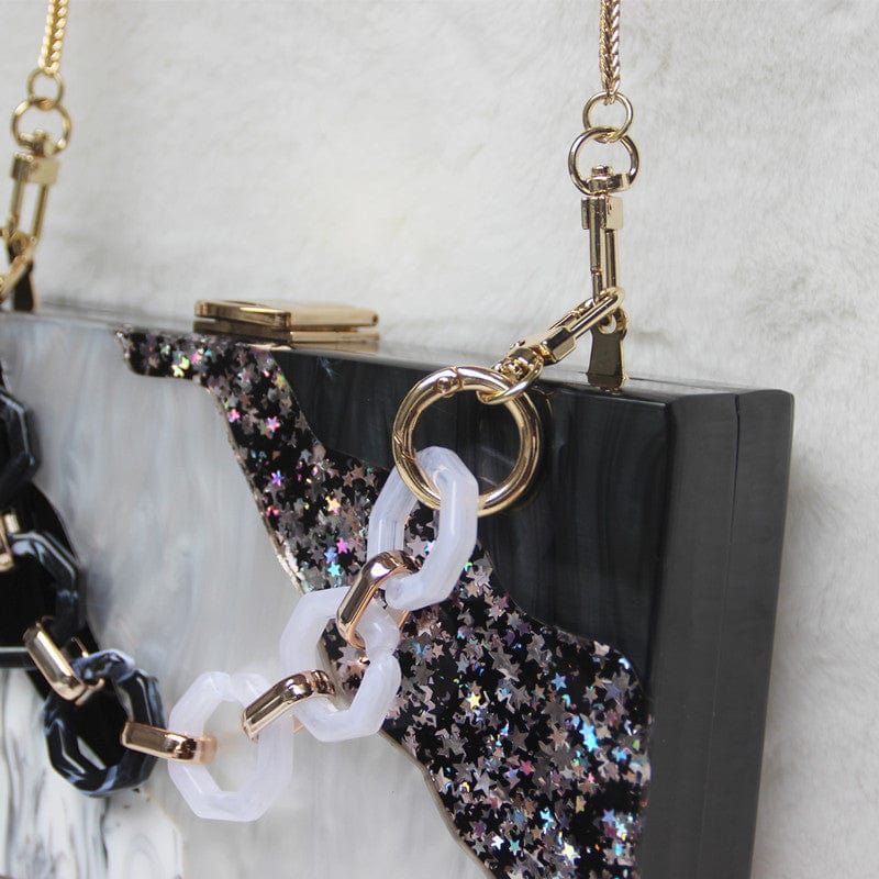 Black White Tone Pearlescent Glitter Marble Effect Acrylic Clutch - - Luxury bags by WAAMII