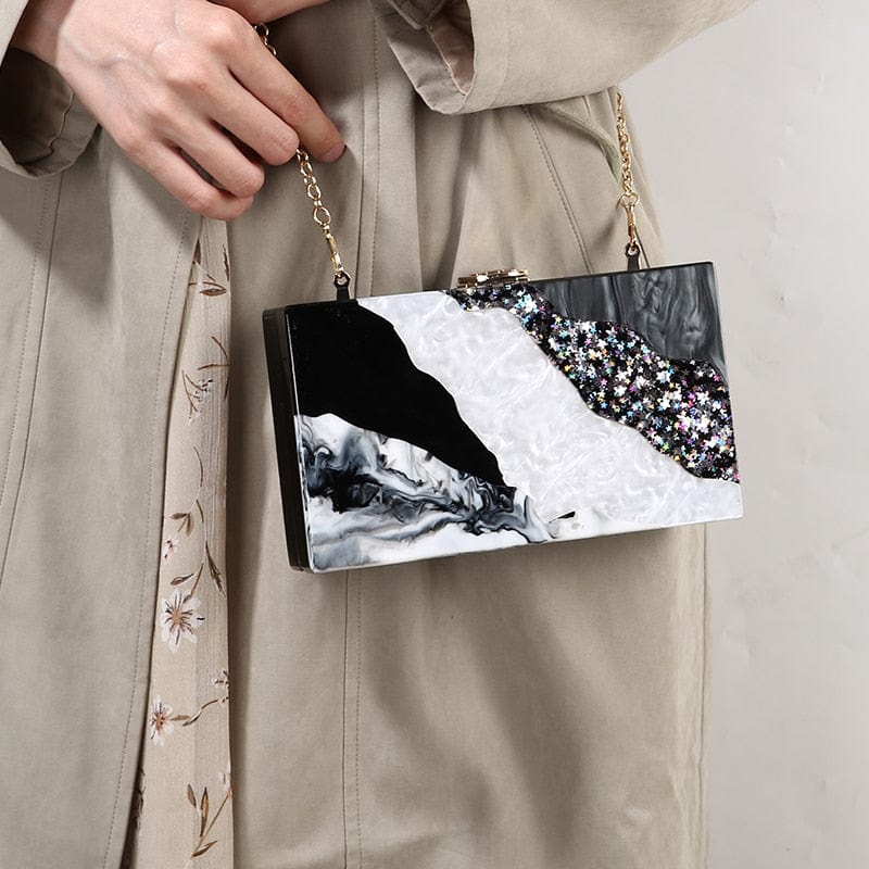 Black White Tone Pearlescent Glitter Marble Effect Acrylic Clutch - - Luxury bags by WAAMII