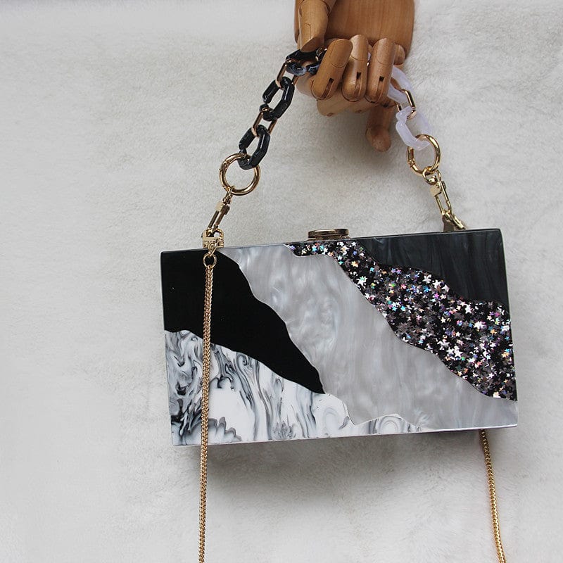 Black White Tone Pearlescent Glitter Marble Effect Acrylic Clutch - - Luxury bags by WAAMII