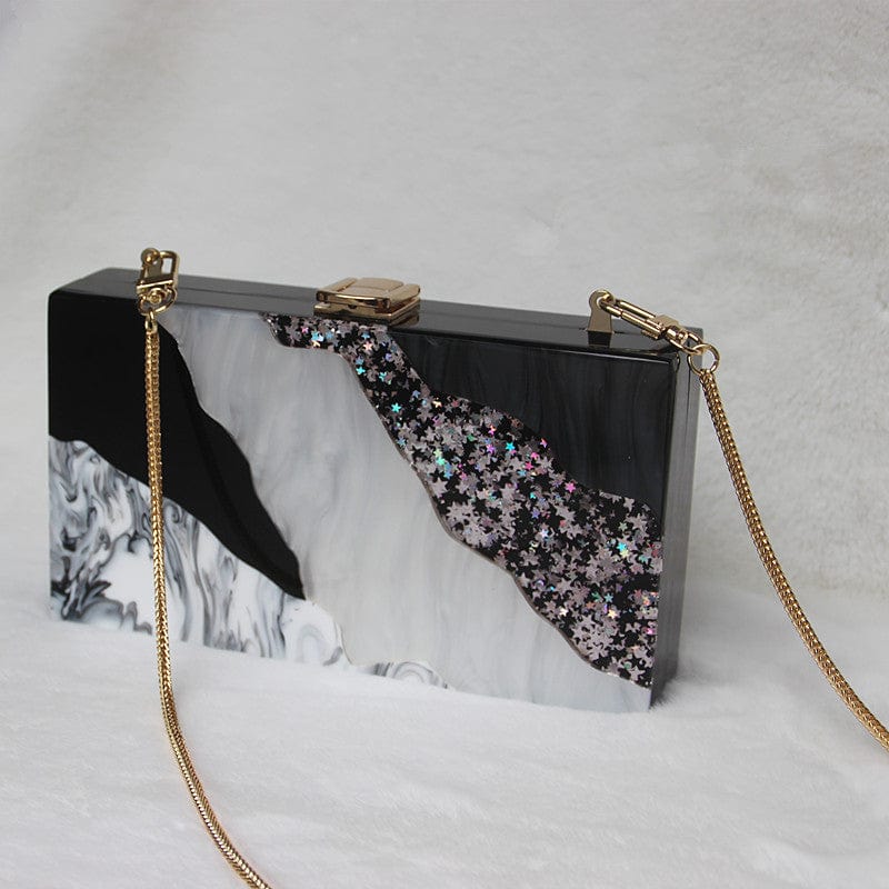 Black White Tone Pearlescent Glitter Marble Effect Acrylic Clutch - - Luxury bags by WAAMII