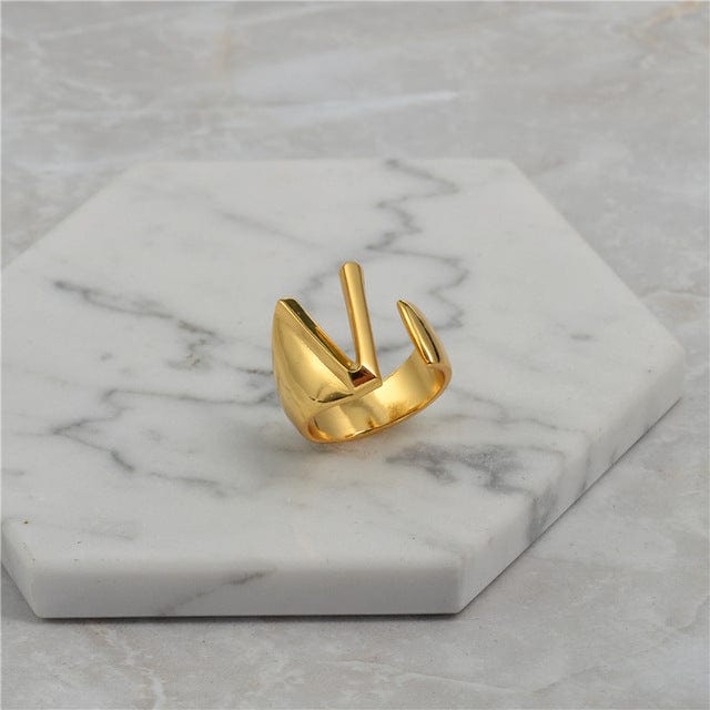 Brass With 18K Yellow Gold Plated English Letters Alphabet Rings Size Adjustable - V - Luxury Jewelry by WAAMII