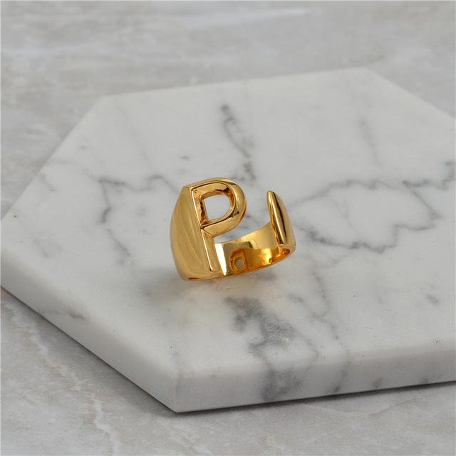 Brass With 18K Yellow Gold Plated English Letters Alphabet Rings Size Adjustable - P - Luxury Jewelry by WAAMII
