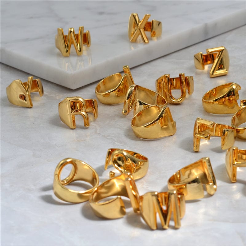 Brass With 18K Yellow Gold Plated English Letters Alphabet Rings Size Adjustable - - Luxury Jewelry by WAAMII