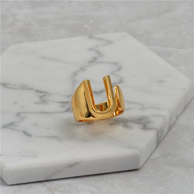 Brass With 18K Yellow Gold Plated English Letters Alphabet Rings Size Adjustable Jewelry WAAMII U