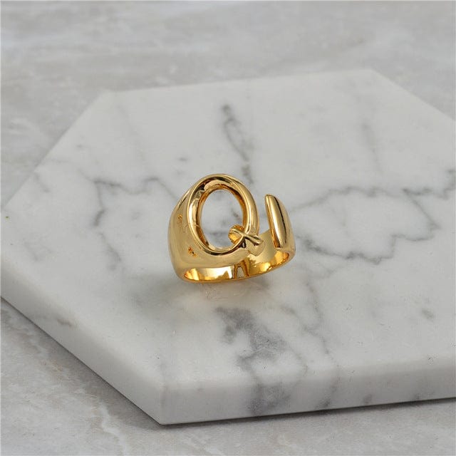 Brass With 18K Yellow Gold Plated English Letters Alphabet Rings Size Adjustable - Q - Luxury Jewelry by WAAMII
