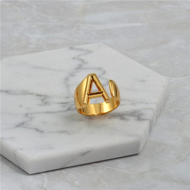 Brass With 18K Yellow Gold Plated English Letters Alphabet Rings Size Adjustable Jewelry WAAMII A  