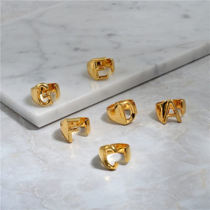Brass With 18K Yellow Gold Plated English Letters Alphabet Rings Size Adjustable Jewelry WAAMII